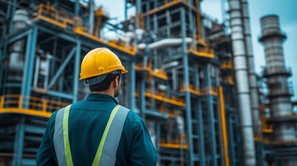 A worker in a yellow hard hat and safety vest stands in front of a large industrial plant, observing the machinery and equipment in the background