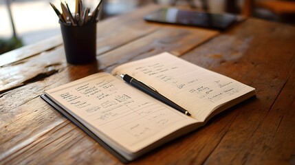 Open Notebook with Pen on Wooden Table