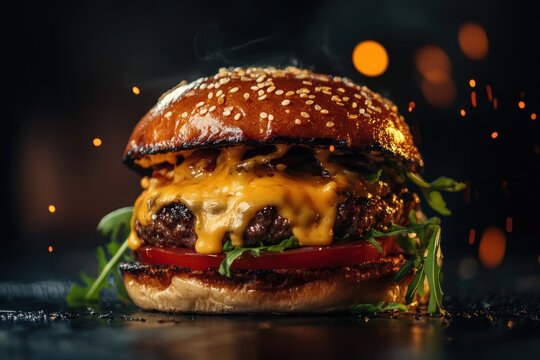 Juicy food photography of a gourmet burger with melting cheese, on a dark background