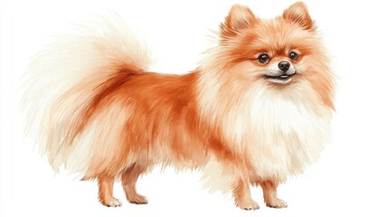 Obraz premium Pomeranian illustrated in watercolor style, with its fluffy fur rendered in soft, blended hues that capture its playful nature.
