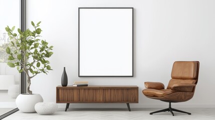 Modern living room interior with armchair  wooden cabinet and black frame mockup