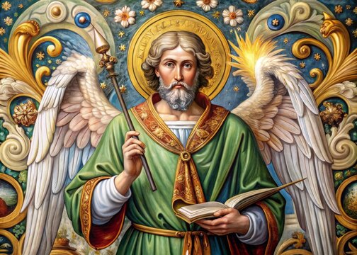 An ornate illustration of a winged saint with a quill and inkwell, surrounded by symbols of divine inspiration,