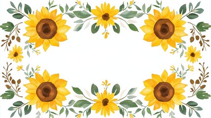 Watercolor Sunflower Floral Frame Border  White Background   Illustration