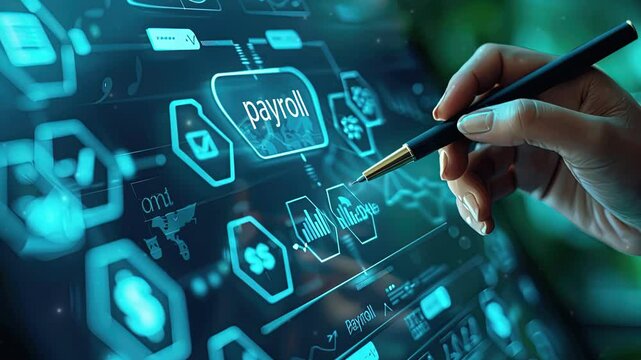Hand holding pen to touch virtual technology Payroll, Financial Icon, Concept of Modern Payroll Management Systems