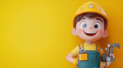 Naklejka premium A cheerful cartoon character in a construction outfit holding tools against a yellow background.