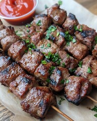 Juicy meat skewers grilled to perfection, with a side of dipping sauce, street food style