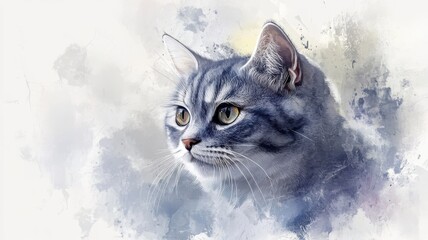 American Shorthair cat painted in a watercolor style, with delicate strokes highlighting its sleek fur and expressive eyes.