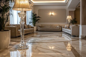 Marble-floored lavish reception with crystal lighting and soft sofas.