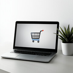 Laptop Displaying Shopping Cart Icon on Screen in Modern Minimalist Workspace