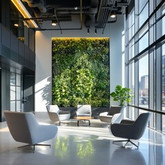 Modern office lobby with sleek furniture, a living green wall, and natural light