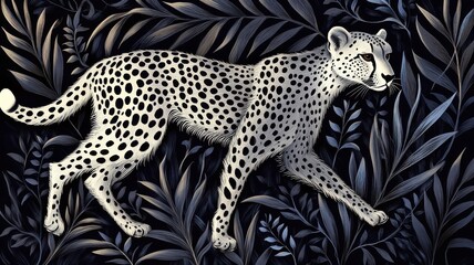 Cheetah blending into an intricate textured pattern, its spots seamlessly integrated into the dynamic lines and foliage.