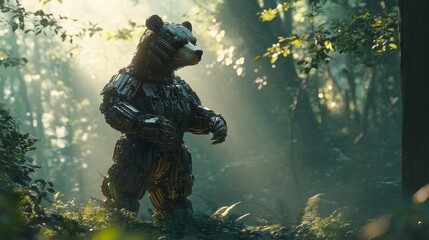 Fototapeta premium Futuristic Robotic Bear Standing in a Sunlit Forest