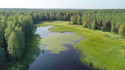 Aerial View of a Lush Forest Lake with Water Lilies and Reeds