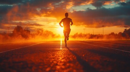 Silhouette of a runner against a vibrant sunset on a track.