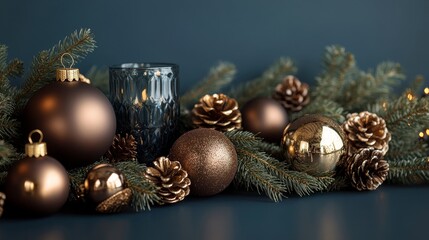 Sophisticated Christmas decorations in rich chocolate tones with gold accents, set against a deep blue backdrop, exuding class and seasonal warmth