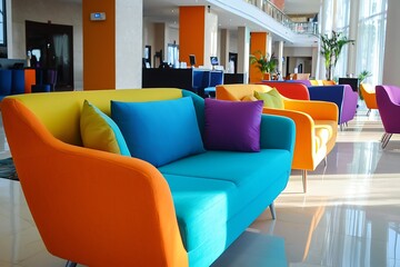 Hotel lobby with lively, multicolored sofas.