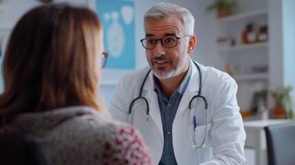 photograph of Caring man doctor talking and consult satisfied elderly female patient, doc doing regular checkup consultation to senior woman client