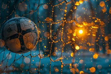 A soccer ball trapped in the goal net with snowflakes and glowing winter lights, creating a magical and festive moment in the winter sports scene