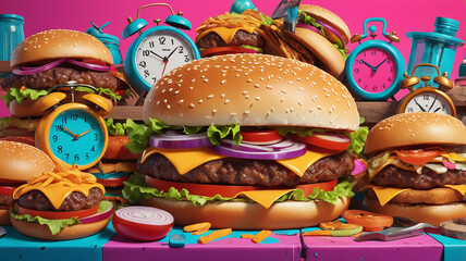 AN ECLECTIC COMBINATION OF ITEMS LIKE BURGERS, CLOCKS, AND BEDS IN VIVID 4K DETAIL ON A COLORFUL BACKGROUND