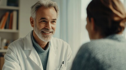 Fototapeta premium photograph of Caring man doctor talking and consult satisfied elderly female patient, doc doing regular checkup consultation to senior woman client