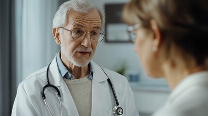 Fototapeta premium photograph of Caring man doctor talking and consult satisfied elderly female patient, doc doing regular checkup consultation to senior woman client