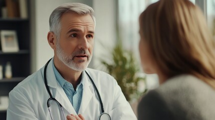 photograph of Caring man doctor talking and consult satisfied elderly female patient, doc doing regular checkup consultation to senior woman client