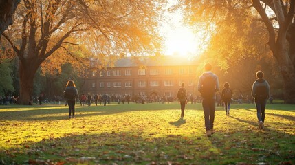 Students walking across a grassy campus field in the golden light of an autumn sunset, creating a peaceful, academic atmosphere