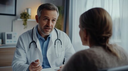 photograph of Caring man doctor talking and consult satisfied elderly female patient, doc doing regular checkup consultation to senior woman client