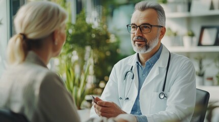 photograph of Caring man doctor talking and consult satisfied elderly female patient, doc doing regular checkup consultation to senior woman client