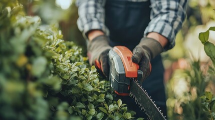 Obraz premium photograph of Close up of male gardener holding electric hedge trimmer while working on backyard. Concept of gardening and landscaping