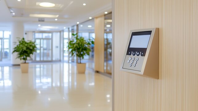Modern Office Building Entrance with Security System Keypad