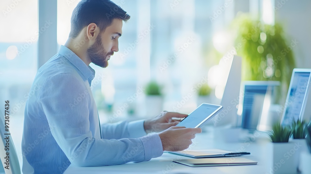 Poster a businessman working on a tablet computer in an office setting