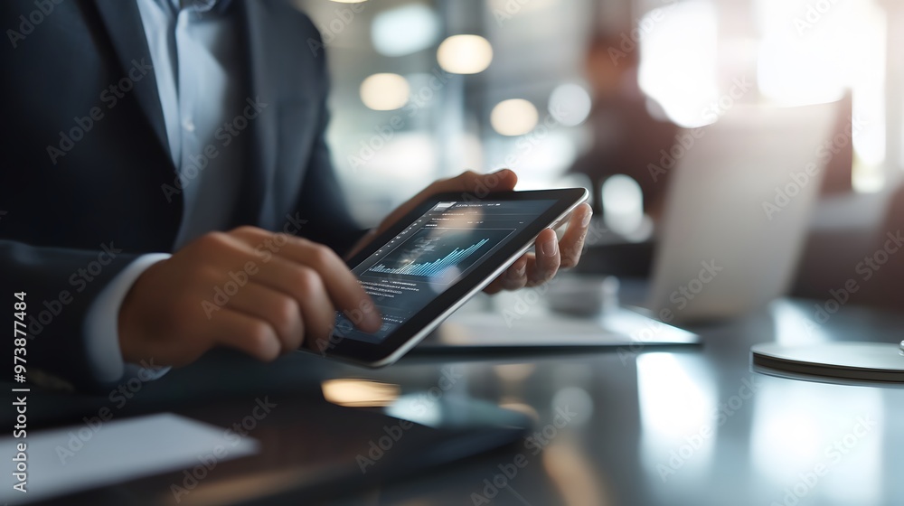 Poster close-up of a man's hands holding a tablet displaying a graph