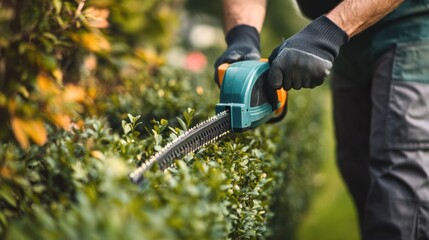 photograph of Close up of male gardener holding electric hedge trimmer while working on backyard. Concept of gardening and landscaping
