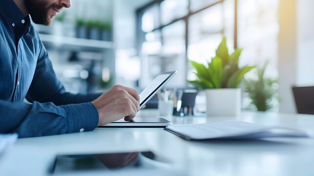 Businessman using a tablet in a modern office setting.