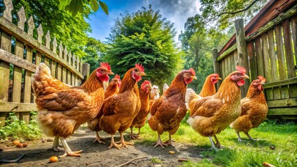 A picturesque farm yard scene features a group of plump and proud Sussex chickens pecking at the ground