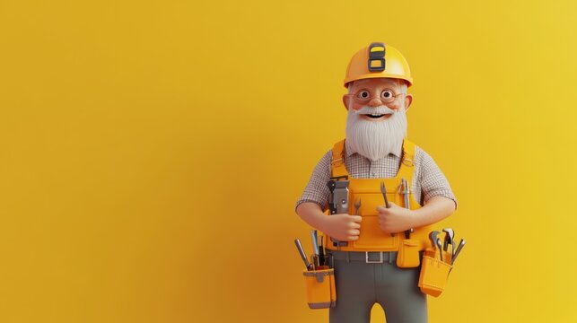 A cheerful elderly worker in a yellow hard hat and overalls, ready for construction tasks.