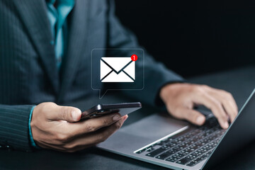 businessman with email notification alert on smartphone, Direct selling project in customer list business for email and email marketing concept.