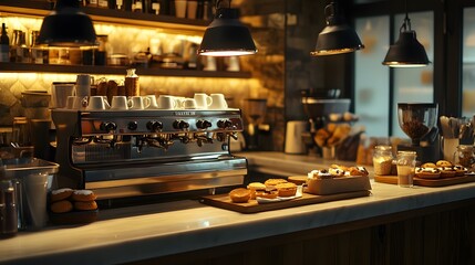 Obraz premium Coffee Shop Counter with Espresso Machine, Pastry, and Industrial Lights