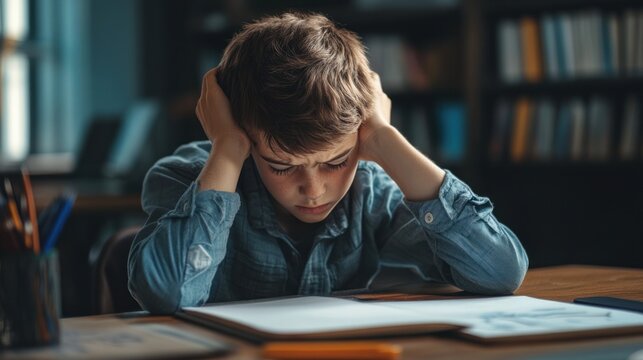photograph of Sad schoolboy sitting at desk, looking down, leaning head on hand and writing in copybook during lesson or test