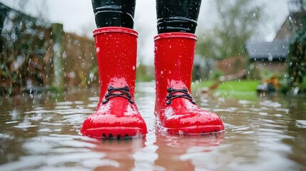 Red Rain Boots in Puddles  Rainy Day  Wet Weather  Close Up