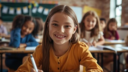 photograph of Smiling junior school girl sitting at desk in classroom, writing in notebook, posing and looking at camera. Group of diverse classmates studying on background