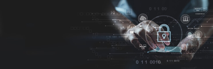 Cyber security network. Data protection concept. User using mobile phone with digital padlock on...