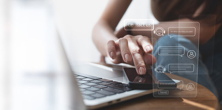 Chatbot conversation assistant. Person using online customer service with chatbot to get support. AI automatic answering machine. Artificial intelligence, customer support center, CONTACT US