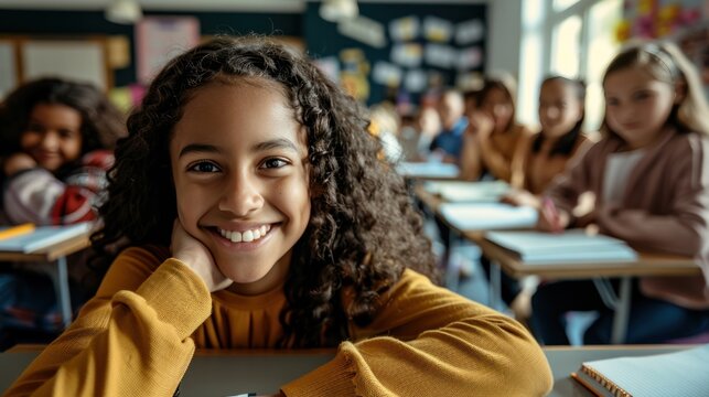 photograph of Smiling junior school girl sitting at desk in classroom, writing in notebook, posing and looking at camera. Group of diverse classmates studying on background