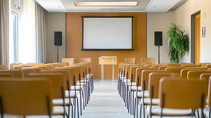 Rows of Empty Chairs in a Conference Room with a Projector Screen