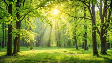 Fresh green leaves and dappled sunlight in a minimalist springtime woodland scene