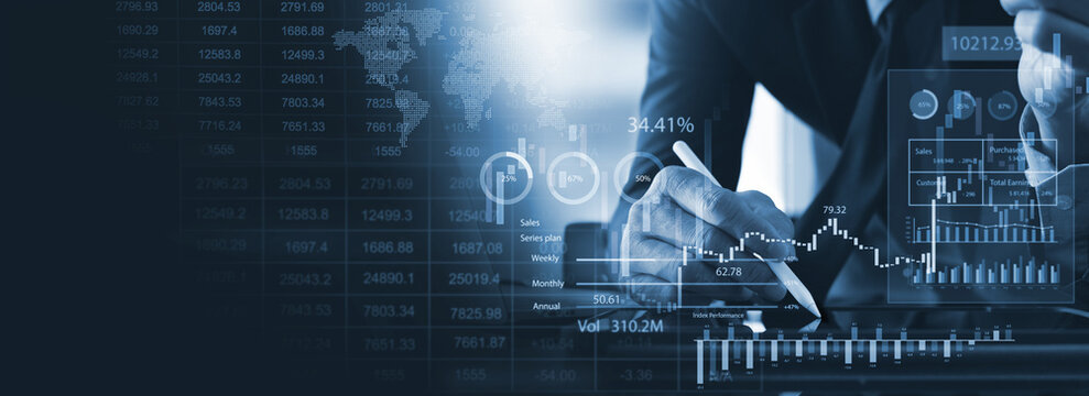 Business, finance and investment, market analysis concept. Businessman analyzing business data, financial report, economic growth, business strategy, planning and solution, risk management