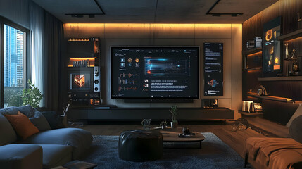 Modern Living Room with Large TV and Futuristic Interface Illustration