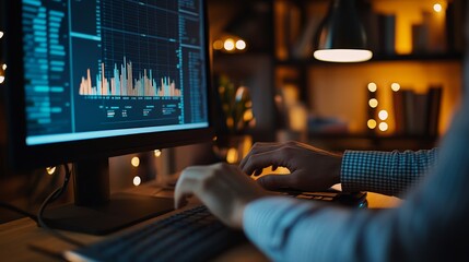 Financial Data Analysis in Late-Night Office Setting with Typing Hands on Computer Keyboard